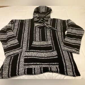 Vintage Baja Hoodie XXL Black White Mexican Blanket Jerga Pullover Surf Skate